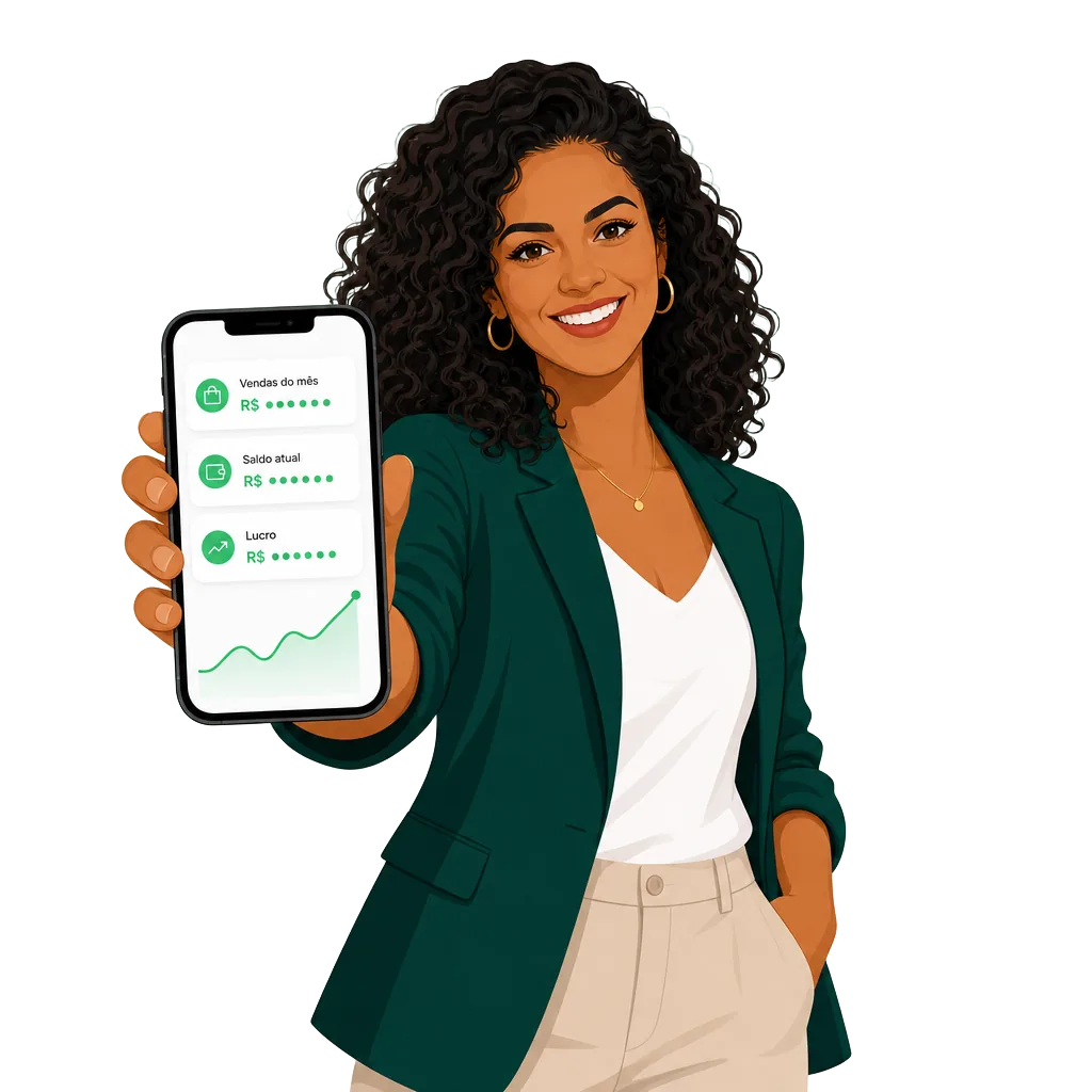 Empreendedora apresenta no celular indicadores de vendas, saldo e lucro do VEJAMAIS.